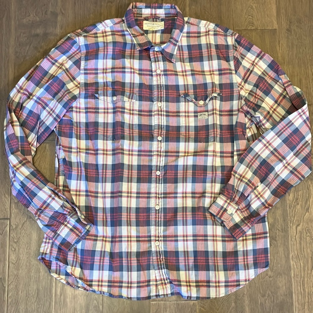 Denim & Supply Ralph Lauren muted Red Blue Casual men’s plaid Shirt XXL cotton